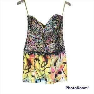 Jovani sequins and jewels abstract artsy cocktail strapless midi dress